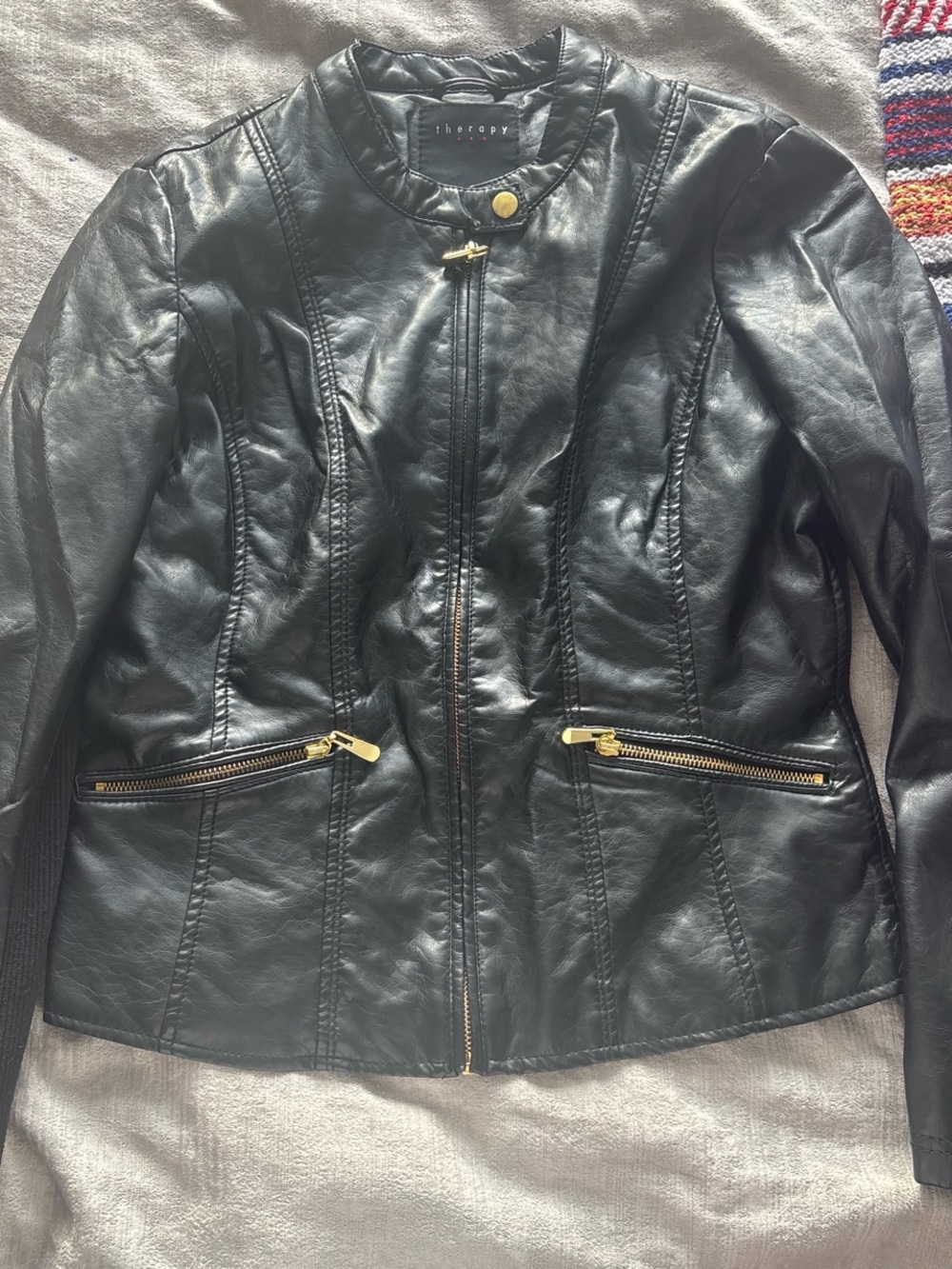 therapy Black Faux Leather Jacket with Gold Hardware